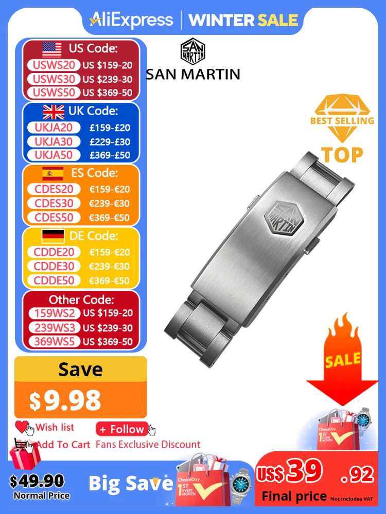 San Martin New Fly Adjustable Clasp Watch Parts Bracelet Clasp For 16mm Specified Model Buckle Folding Clasp Non-universal