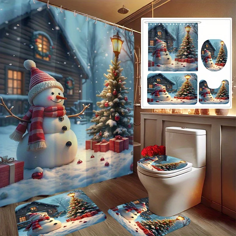 4Pcs Xmas Snowman Print Bath Set, Shower Curtain, Mat, Toilet Cover, 12 Hooks, Bathroom Accessories, Holiday Decor, Gift