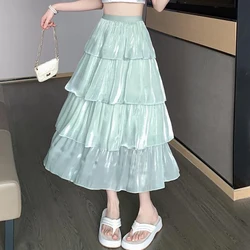 Fashion Elastic Solid Color Sweet Gauze Ruffles Skirts Female Clothing Summer New Loose All-match High Waist Skirts