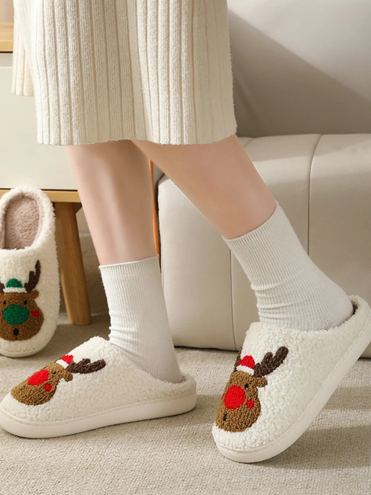 Christmas Elk Cotton Slippers for Women Men Winter Cute Cartoon Home Non Slip Couple Floor Slides Indoor Plush Shoes 20