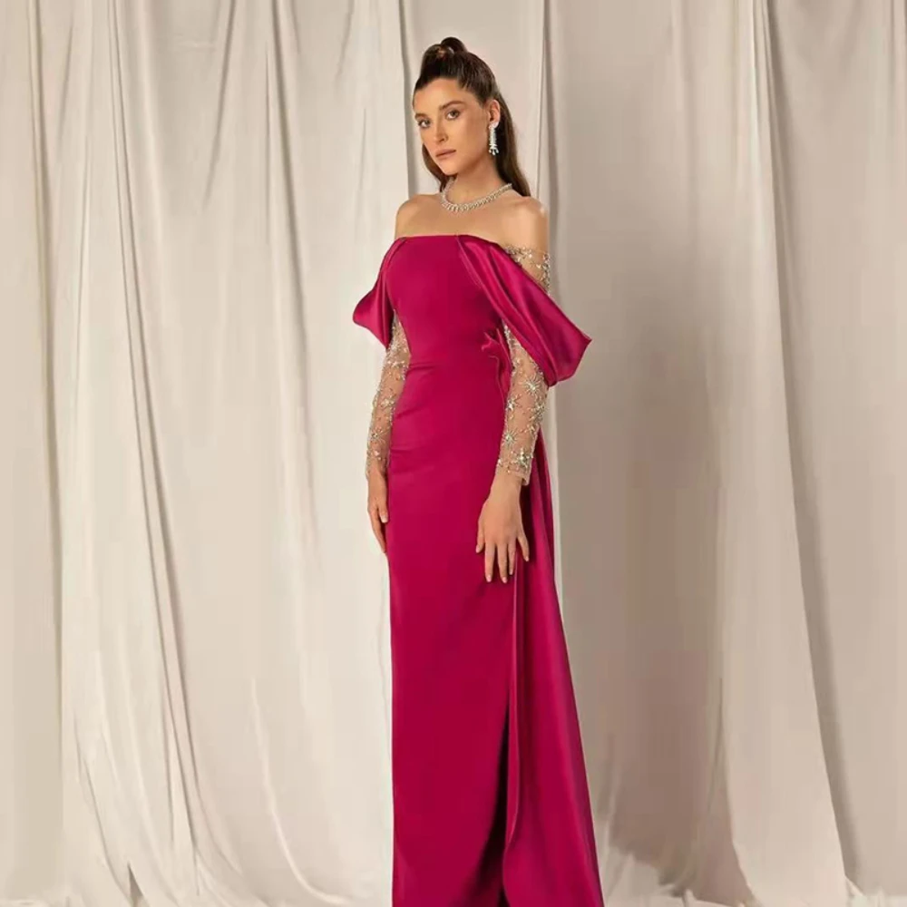 Elegante vestido de noite sem ombro feminino, manga comprida, vestido de baile formal, conta árabe elegante, roxo e vermelho, moda casamento, 2024