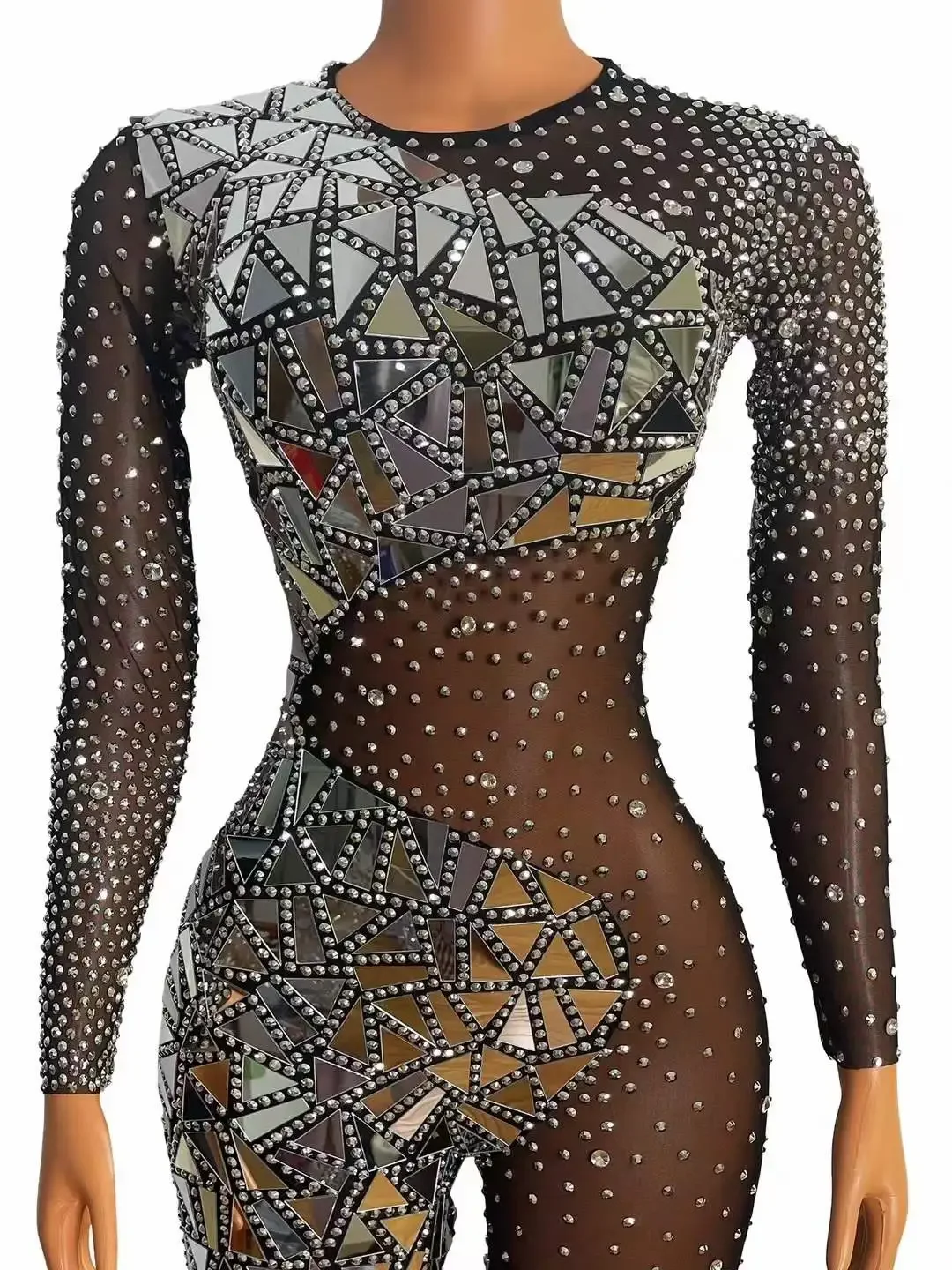 Long Sleeve Sequins Rhinestone Stunning Romper For Women One Piece Jumpsuits Pageant Bling Bling Photography Singer Stage Wear