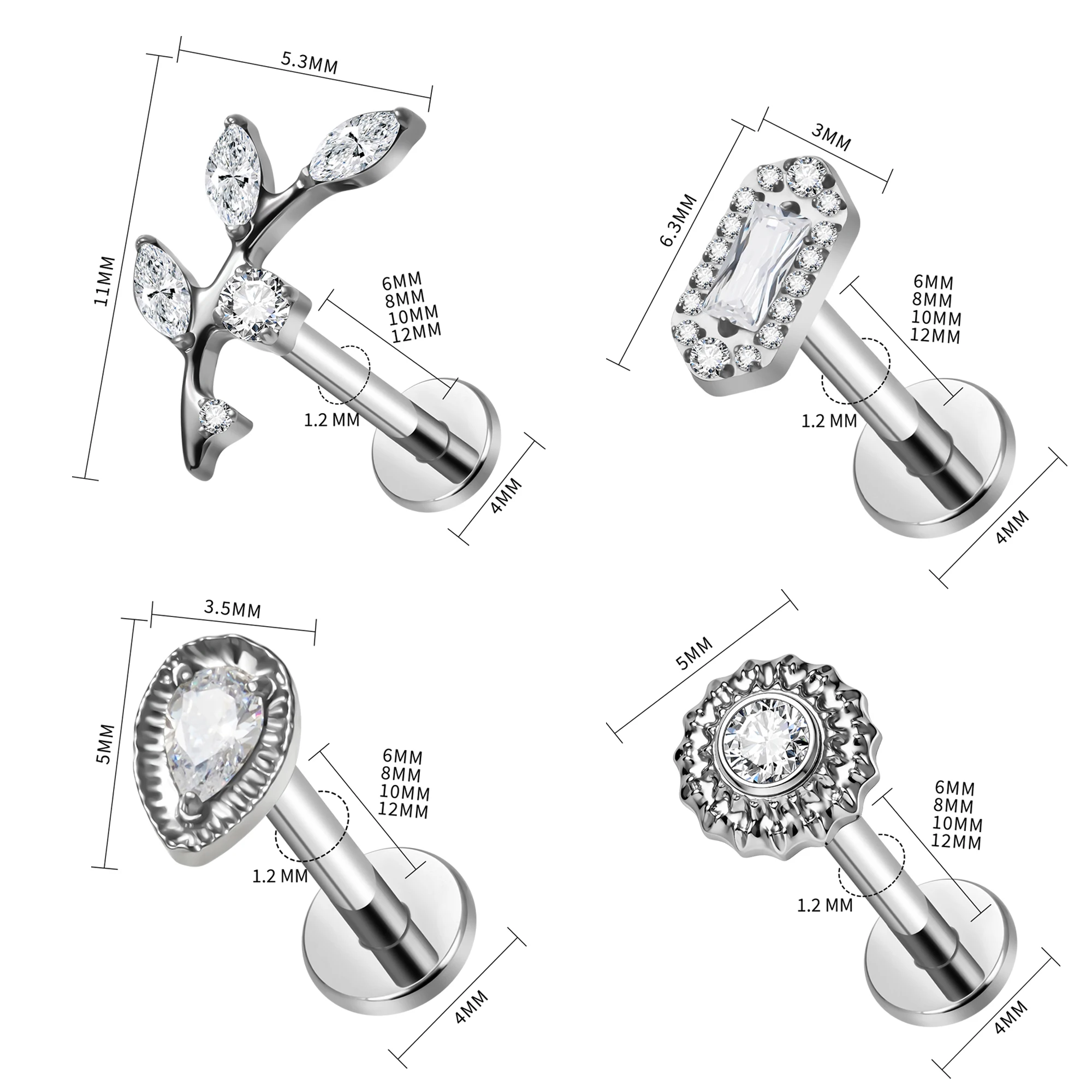 ASTM F136 Titan Blattzweig Flatback Ohrstecker mit funkelndem CZ-Tropfen, Baguette-Cluster, Labret, Helix, Tragus, Conch, Ohrstecker-Schmuck – Detail 1