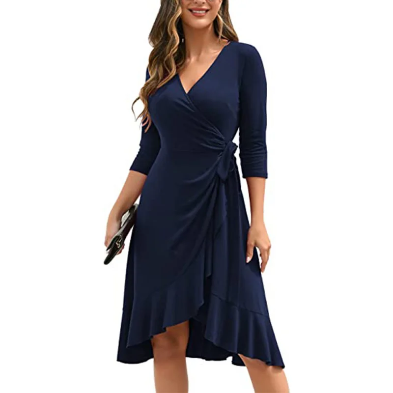 New Women's Deep V Collar 3/4 Sleeve Pleated Casual Cocktail Party Work Dress