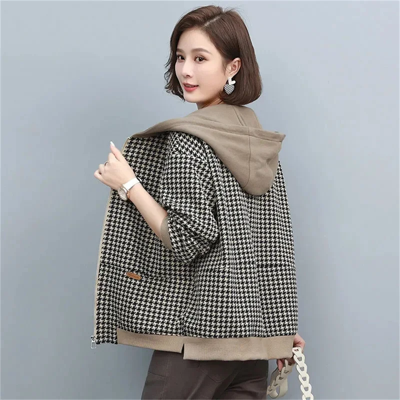 Vintage Ladies Loose Short Coat With Lining Mother Plaid hooded Jacket Women\'s Trendy Houndstooth Spring Autumn Windbreaker