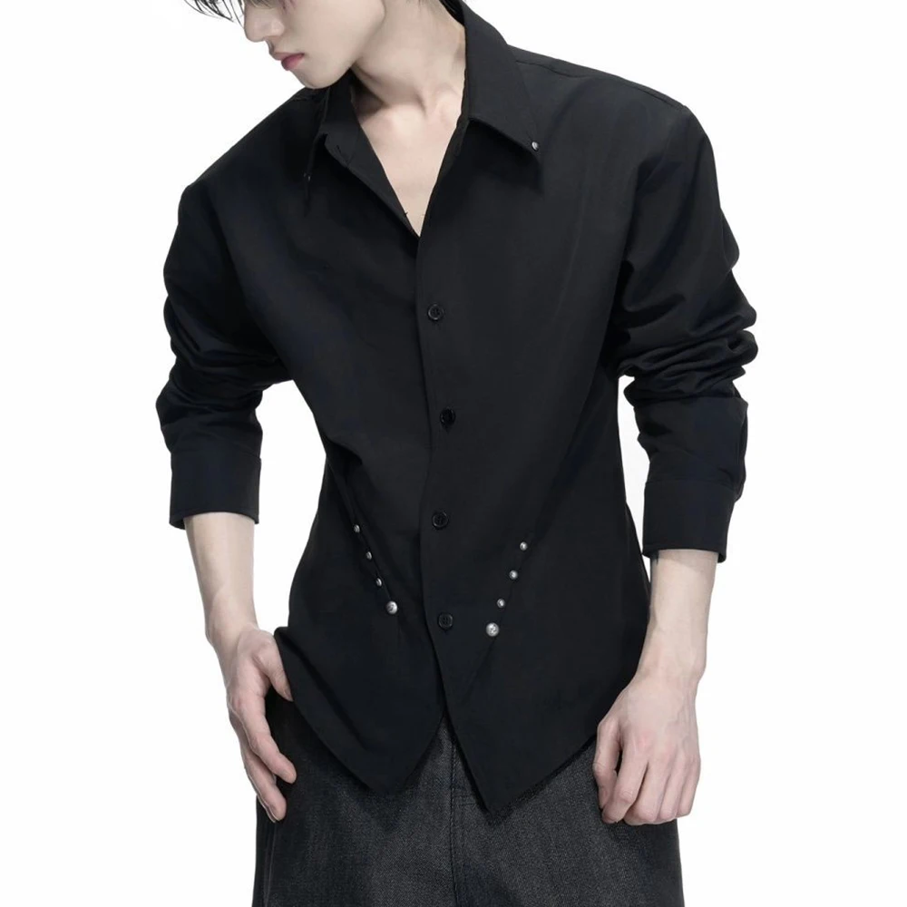 Mens Y2k Studded Slim Fit Shaping Shirt Streetwear Fashion Youth Trend British City Boy Lightweight Elegant Long Sleeve Top 2026