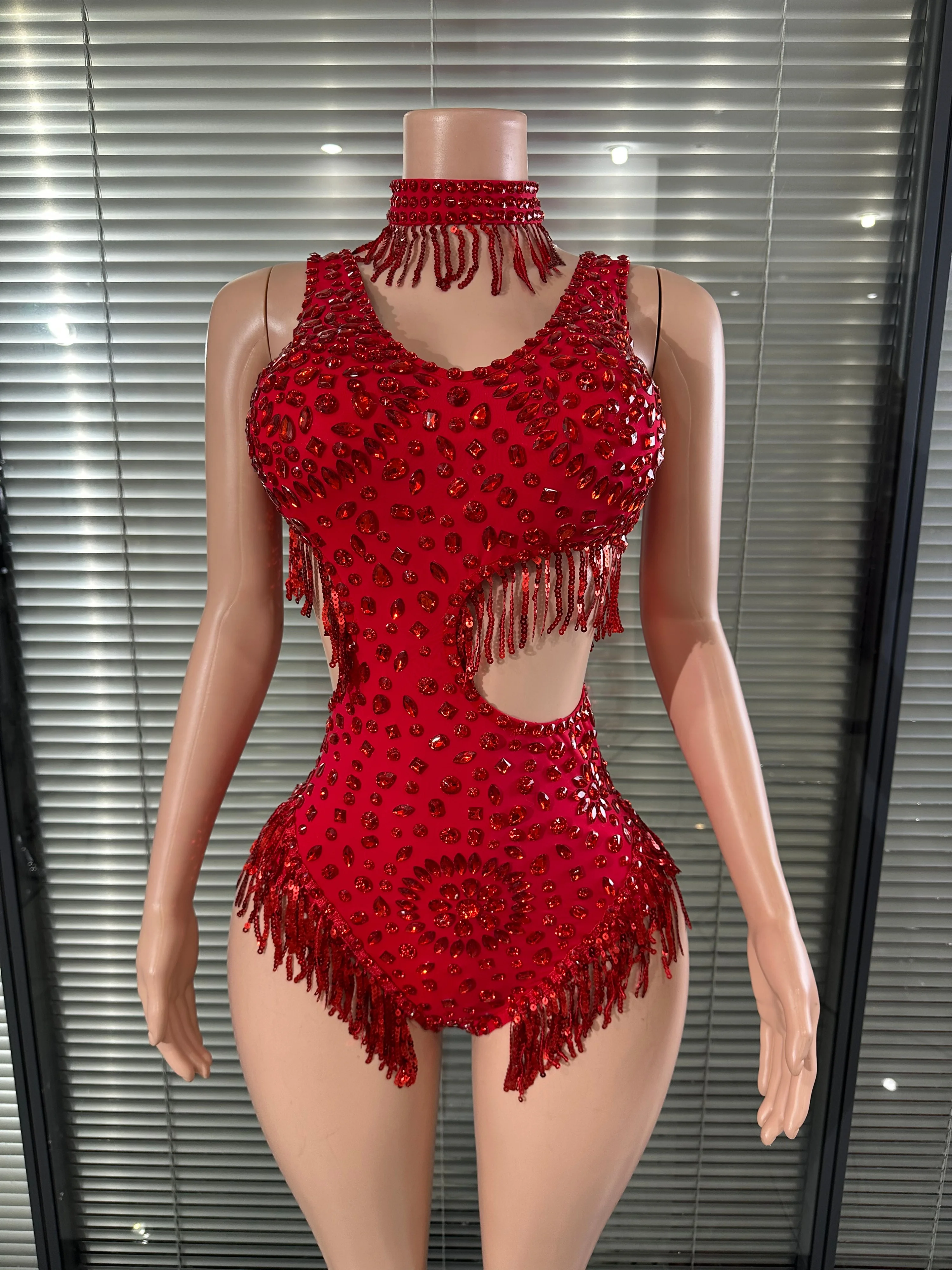 

Glamorous Rhinestone Tassel Cutout Bodysuit Women Sexy Performance Singer Stage Outfit Birthday Party Nightclub Dancewear