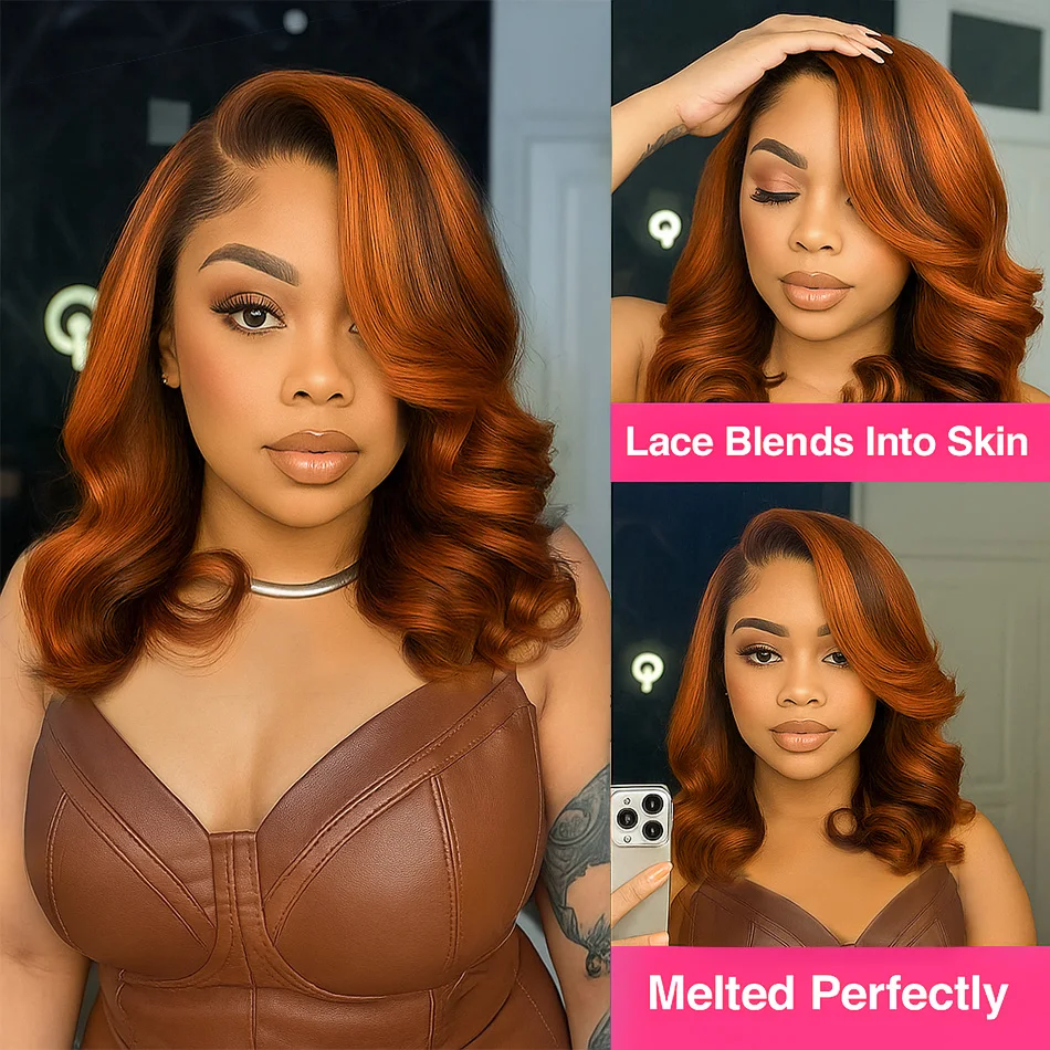 Peruki z imbrykiem w odcieniach brązu z efektem balayage # Peruka z ludzkich włosów, krótki bob, proste włosy, falowane, z czerwonymi odrostami miedzianymi, 4/350, z siatką 13x4 typu lace frontal.