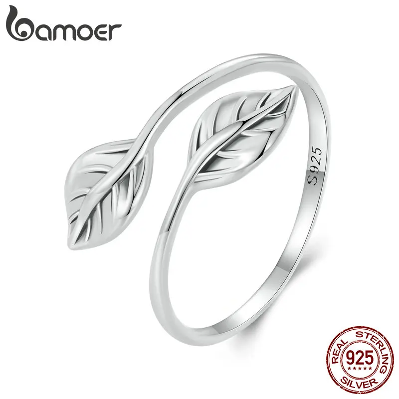 

Bamoer 925 Sterling Silver Leaf Opening Ring Retro Adjustable Finger Ring for Women Birthday Gift Fine Jewelry GXR975-E