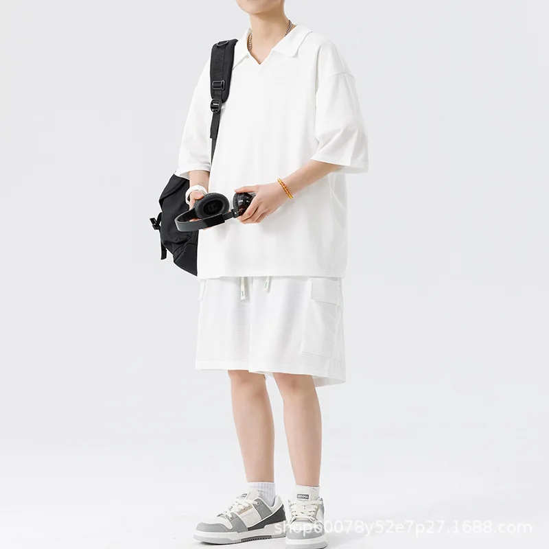 

New 's Turn-Down Collar Loose Sports Suit Running Youth Trendy Men's Short Sleeve Shorts Casual Simple Two-Piece Set