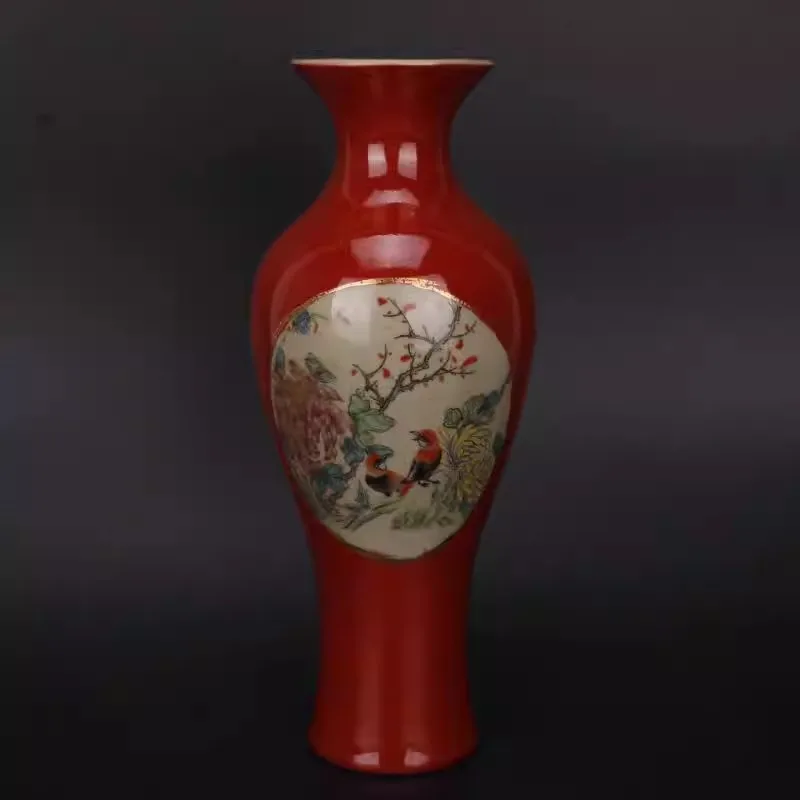 Chinese Red Glaze Porcelain Vase Flowers Birds Pattern 9.3 inch Jurentang, Guanyin Bottle