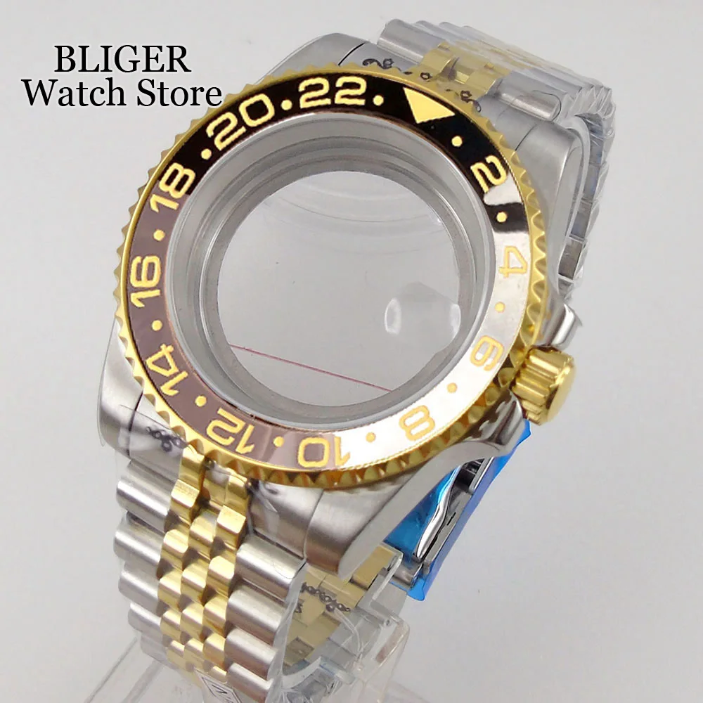 40mm Watch Case fit NH35A NH36A NH34A PT5000 MIYOTA 8215 Two Tone Gold Steel Bracelet Grey Black Ceramics Insert