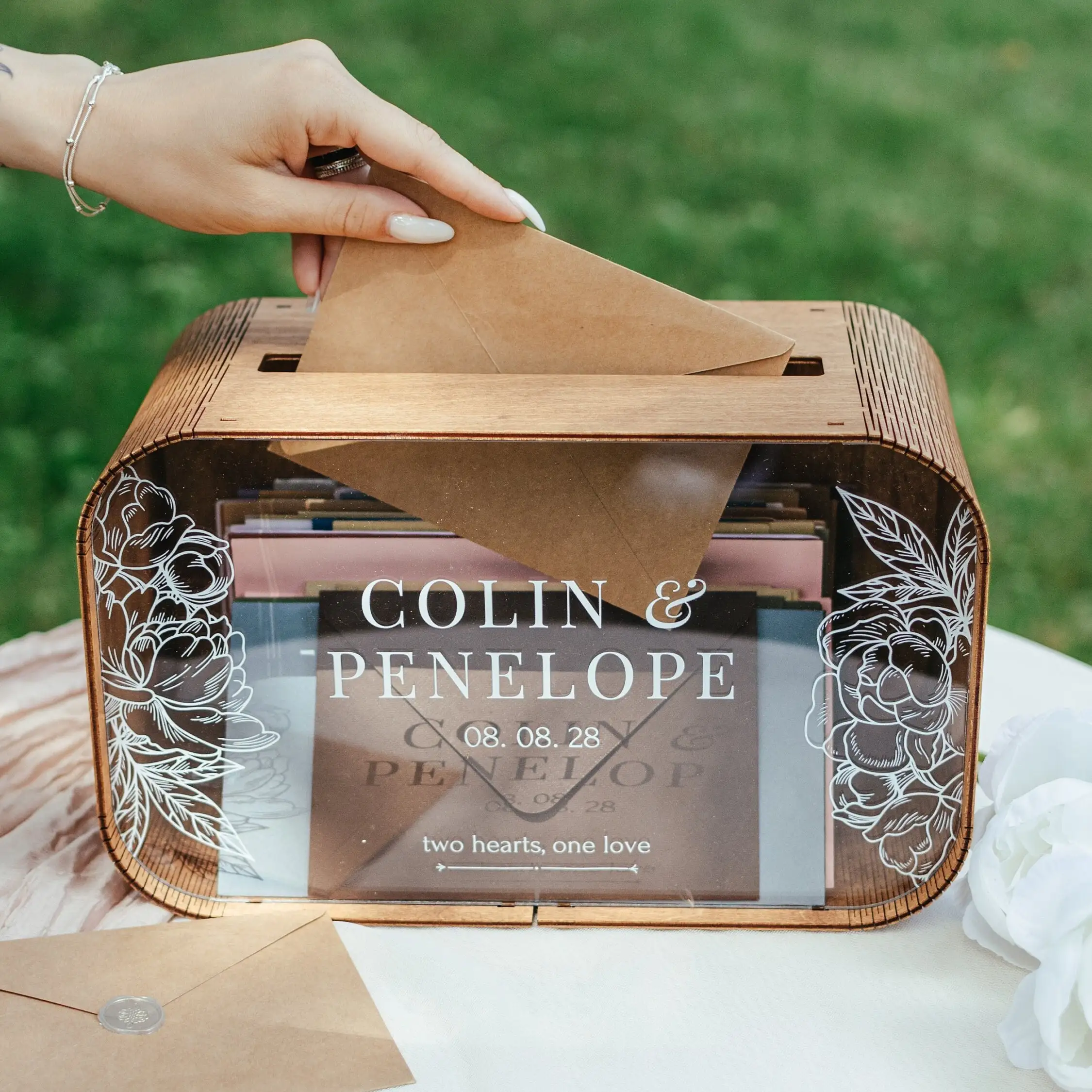 Personalized Acrylic Wedding Card Box with Names, Wooden Envelope Holder, Wedding Engagement Gift Box, Welcome Table Decor
