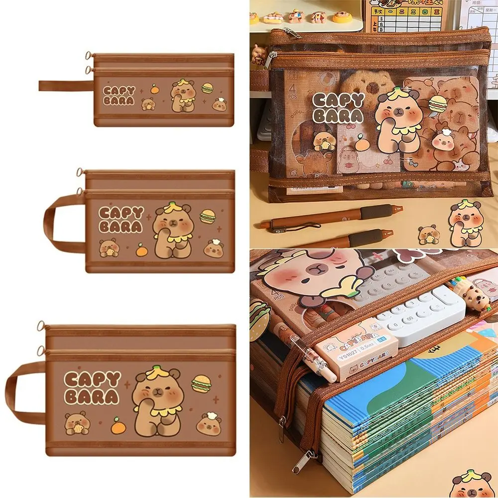 

High Quality Mesh Capybara Bag A4/A5/A6 Double Layer Mesh Storage Bag Portable Dark Brown File Bag Back To School