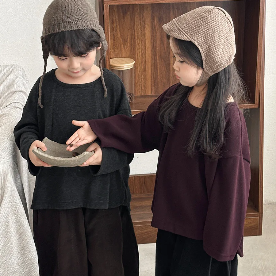 

2025 Kids Long Sleeve T-Shirt Soft Autumn Children Baby Solid Color Round Neck Cotton Top for Boys Girls Toddler 1-8 Years Old