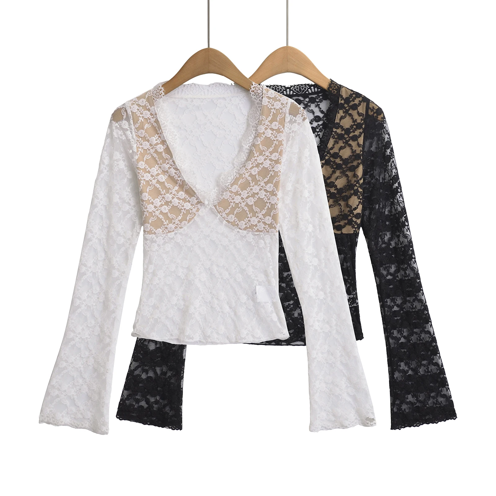 

Кружевная женская футболка с длинным рукавом и V-образным вырезом, новинка 2024, вязаный Топ