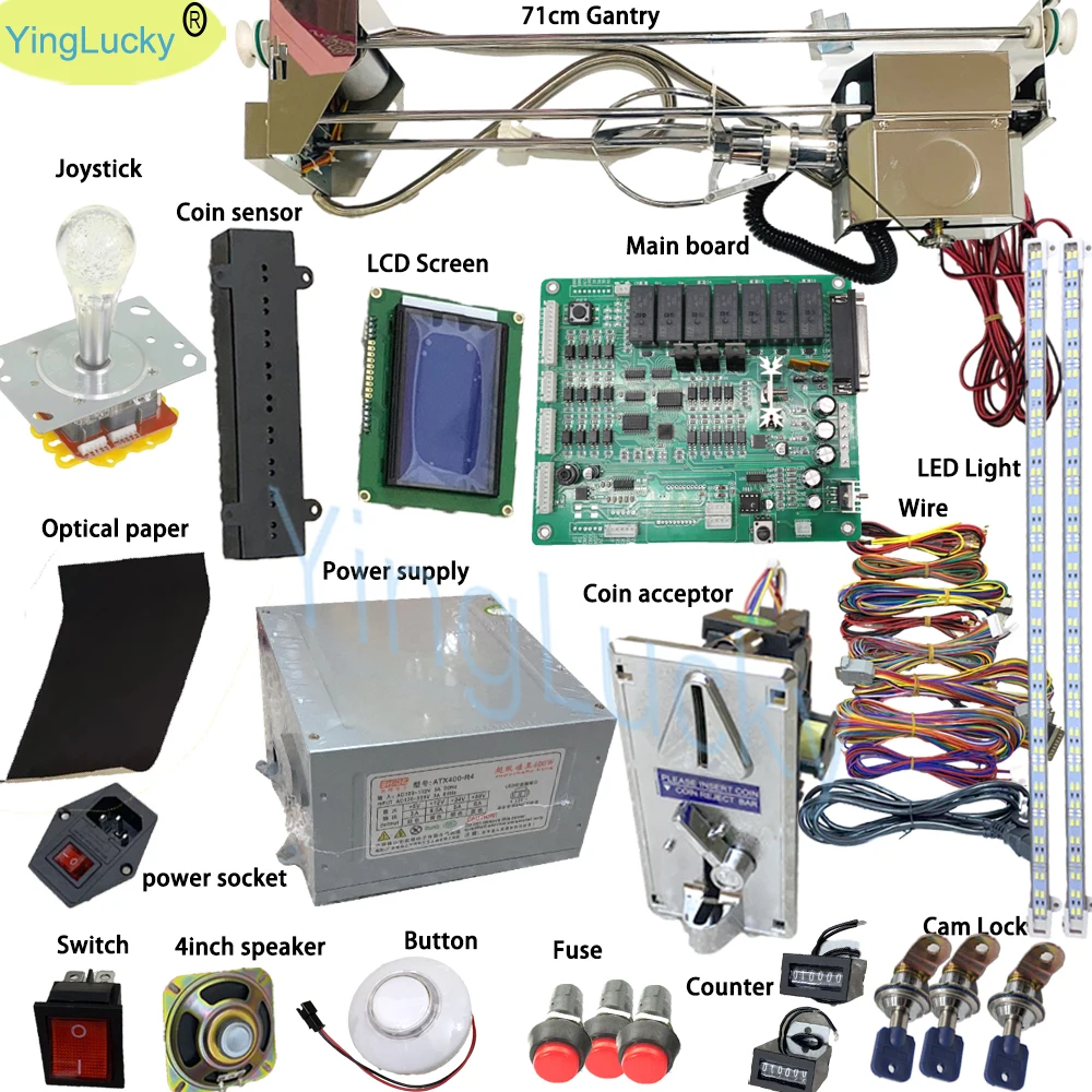 

Crane Vending claw Machine Kit DIY Set Game Board 71cm Gantry Claw Power Joystick LED Buttons Coin Acceptor Sensor