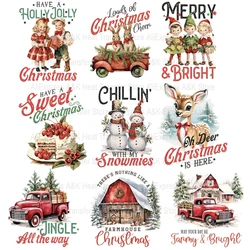 Vintage Christmas Heat Transfers Printing Holly Deer Car Iron On Patches For Clothing Heat Press Diy Applique On Clothes Decals