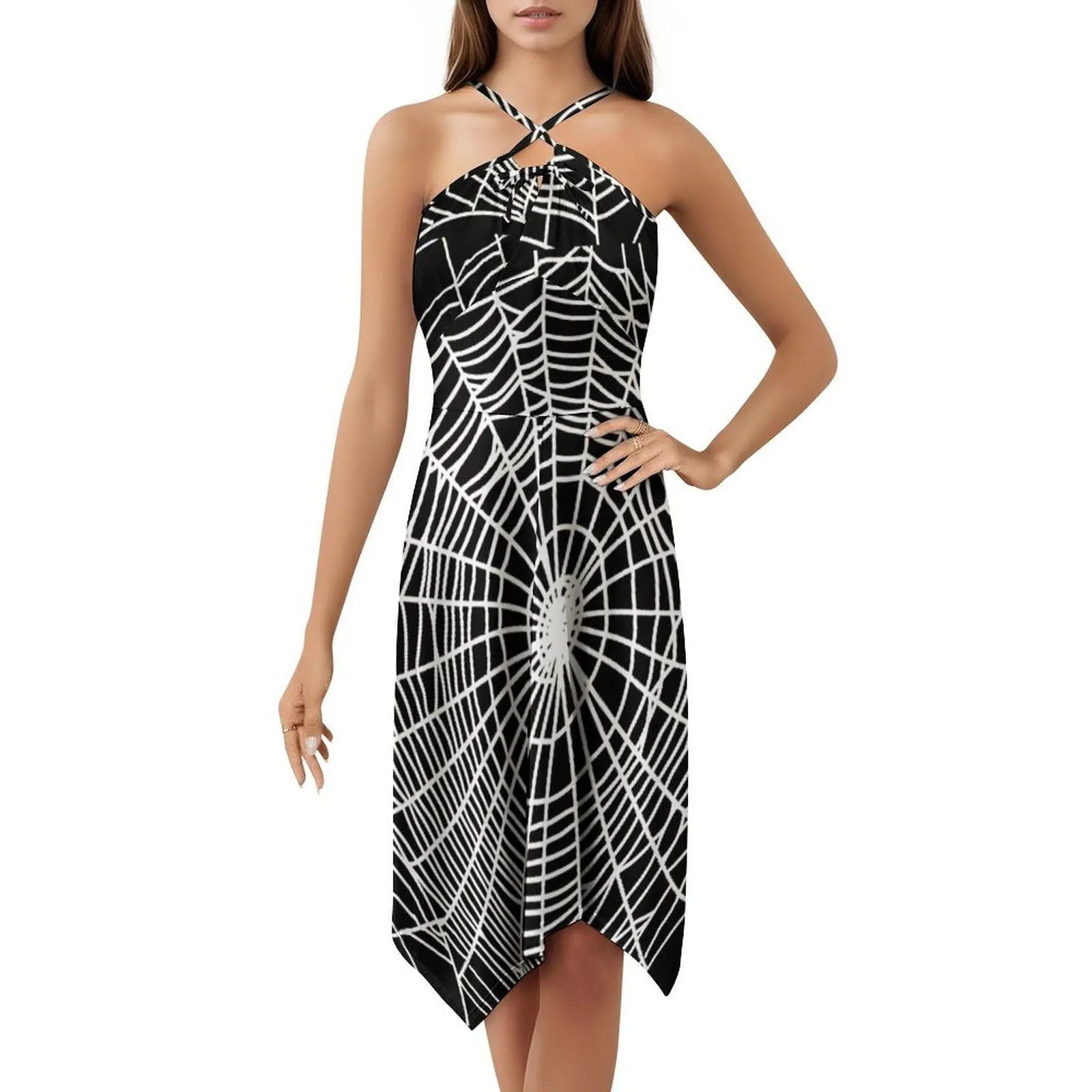 تصميم سبايدر ويب مخيف لطيف باللونين الأبيض والأسود لفستان كاجوال على الطراز الكوري للنساء فساتين سيدة المكتب اليومية البسيطة
