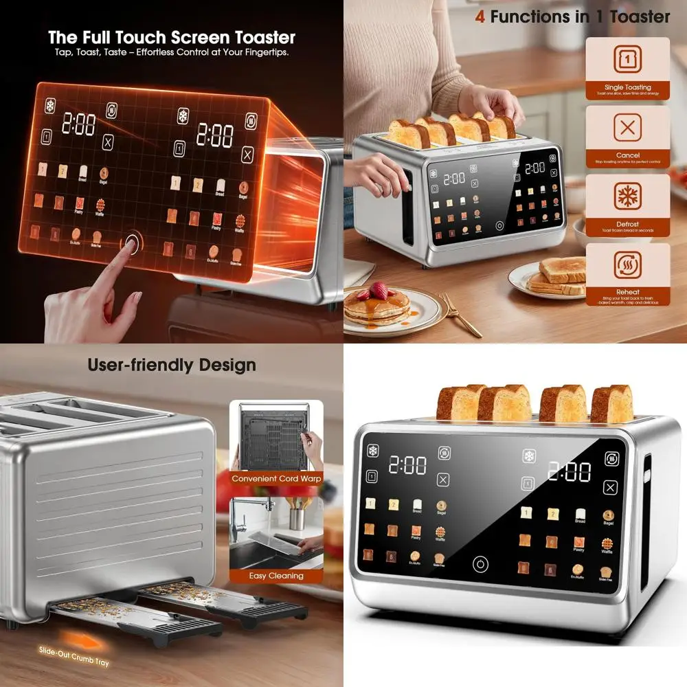 

4-Slice Toaster with Wide Slots, Dual Touchscreens & Independent Controls for 6 Bread Types and Toast Settings | 1800W Stainless