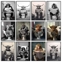 Funny Monkey Highland Cow Sitting on The Toilet Reading A Newspaper Poster Animal Canvas Painting And Print Bathroom Wall Decor
