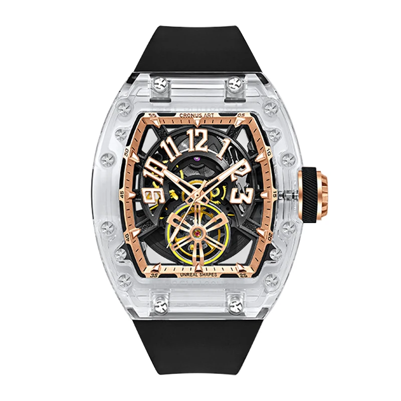 CRONUSART Orologio automatico da uomo Tonneau Orologio da polso meccanico Cassa in acrilico Scheletro Semicircolare Quadrante luminoso Cinturino in gomma fluorurata