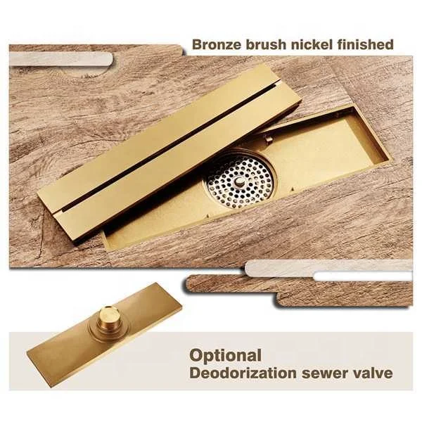 

Bathroom Rectangular Brass Floor Drain Brushed Gold Linear Shower Channel Drainer