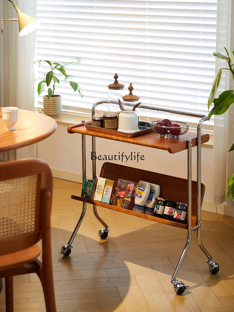 Medieval style movable trolley retro solid wood coffee table magazine bookshelf bedside shelf