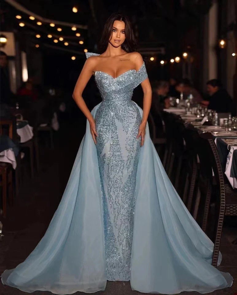 Luxury Blue Lace Mermaid Prom Dress Sequined Sweetheart Evening Gowns with Overskirts Formal Party Dresses 2024 Custom Made