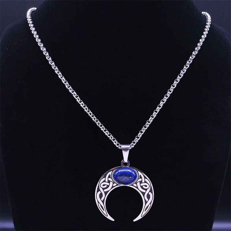 Vintage Crescent Moon Knot Pendant Necklaces for Women Stainless Steel Blue Stone Silver Color Punk Chain Jewelry collier N7941