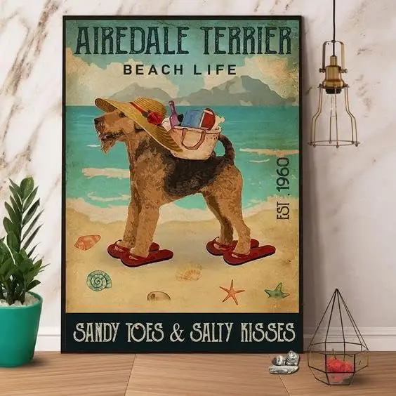 Cartello in metallo Airedale Terrier Beach Life Sandy Toes baci salati segni da cucina Vintage decorazione da parete insegne in alluminio per la casa