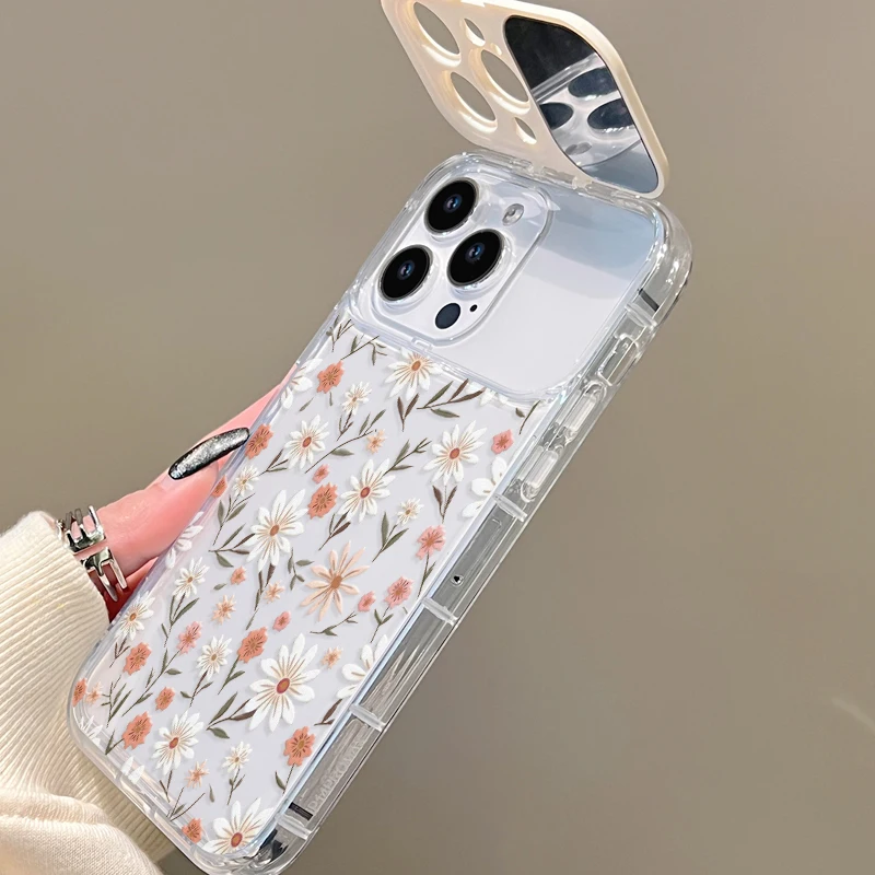 Flip Lens Mirror Phone Case Vintage Daisy Floral Print Clear Transparent Cover For iPhone 17 16 15 14 13 12 11 Pro Max view 3