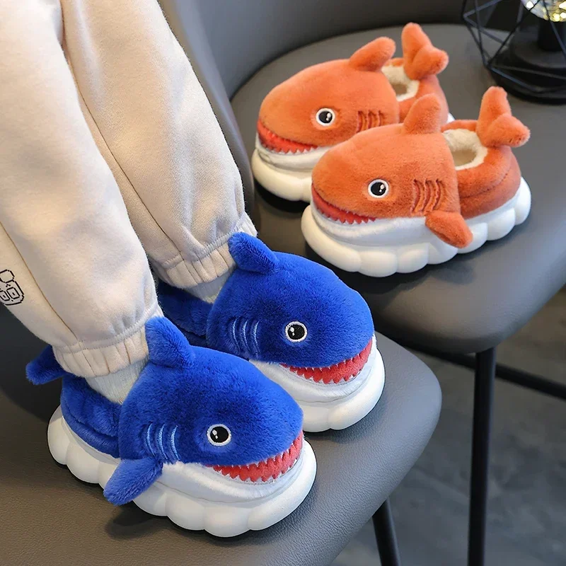 New Winter Wrap Heels Cute Cartoon Shark Cotton Slippers Children\'s Non-slip Soft For Kids Girls Boys Baby Warm Plush Home Shoes