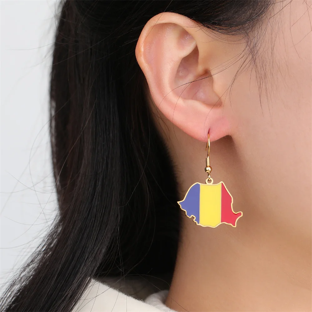 EUEAVAN Enamel Romania Map Pendent Dangle Earrings for Women Stainless Steel Trendy Romanian Flag Ethnic Jewelry Gift pendientes