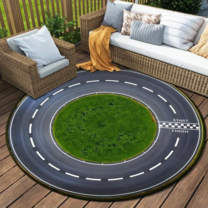 Outdoor Decorative Round Patio Mat Foam Cushion Race Track Rug for Garden Deck Decor Start Finish Geometric Play Mat Seating Are
