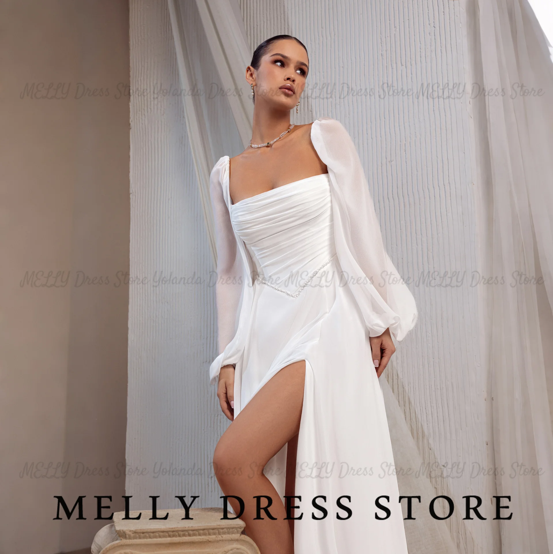 Melly Wedding Dress Bohemian Ruched Chiffon amanda novias oficial Puff Long Sleeve High Slit Sweep Train Bride Dress Customized