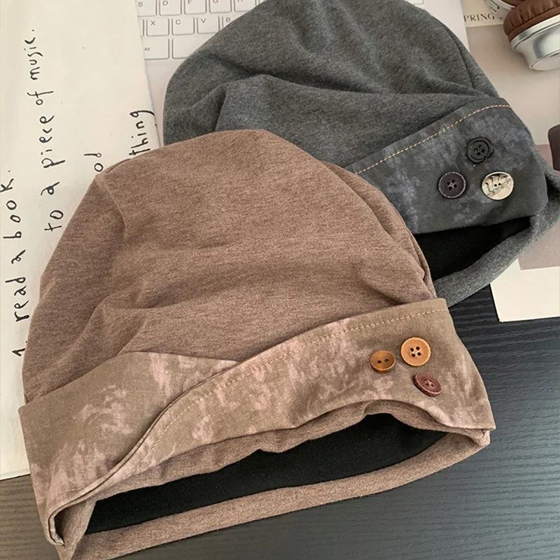 Wasteland Wind Button Pile Cap Tide Japanese  Brown Splicing Cold Hat Chic Niche Big Head Circumference Shows  Face Smaller