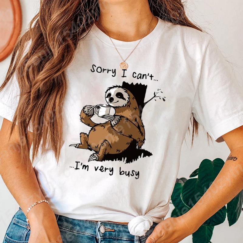 

Sloth Sorry I Can't I'm Very Busy Print T-shirt Women Summer Short Sleeve Round Neck Cute Loose Tees Creative Personalized Tops