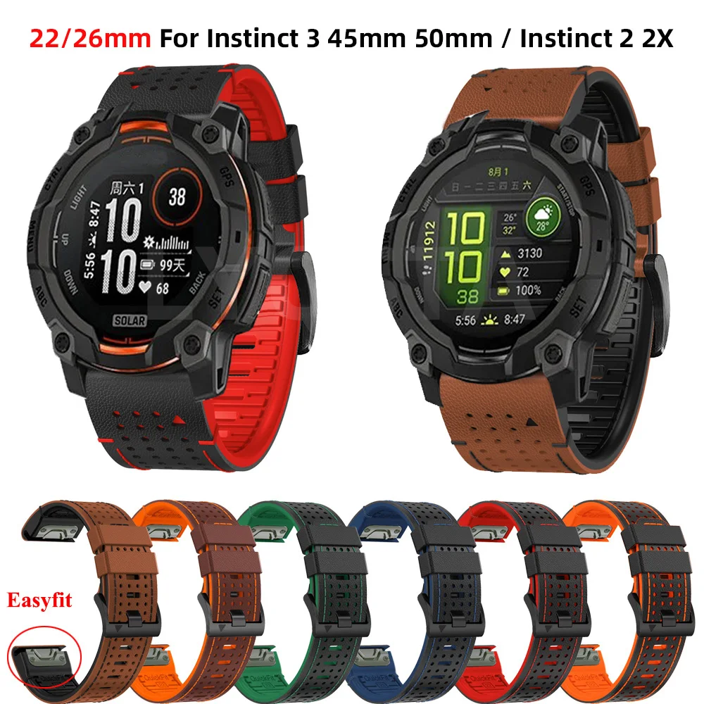 

26 кожаный + силиконовый ремешок для часов 22 мм для Garmin Instinct 3 50 мм 45 мм Fenix 8 7X Pro 6X 6 Pro 5X 5 Epix Pro 47 51 мм браслет для часов