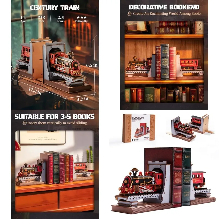 

Креативные наборы 3D-головоломок «сделай сам» для украшения книжной полки: набор деревянных подставок для книг «Поезд века» с волшебным дизайном Идеально подходит для