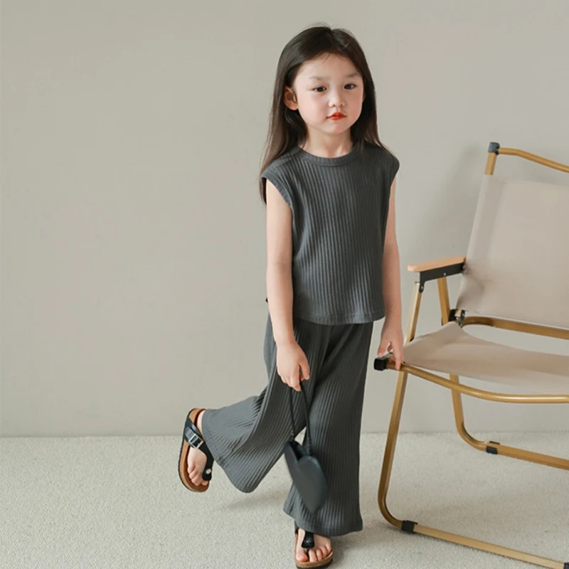 Two-Piece Set Summer Girl Sleeveless Shirt And Trousers Casual Suit Girl Round Neck Solid Color Fashion Suit Skin-Friendly