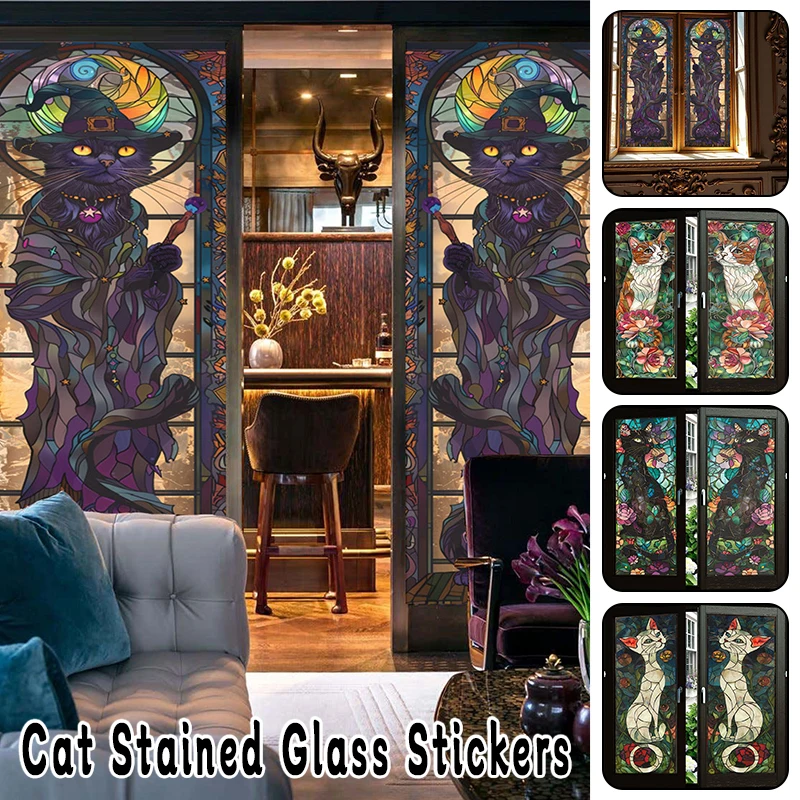 

European Retro Church Window Film Self-Adhesive Creative Cat Art Painting Stained Glass Film Home Decor Privacy Stickers
