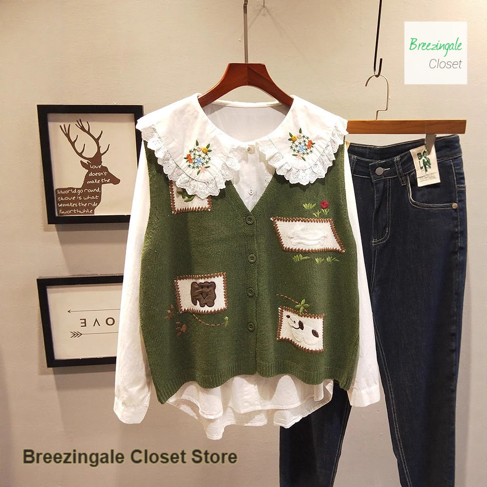 

Korean style small fresh three-dimensional embroidered knitted vest women's autumn and winter new loose Joker sleeveless sweater