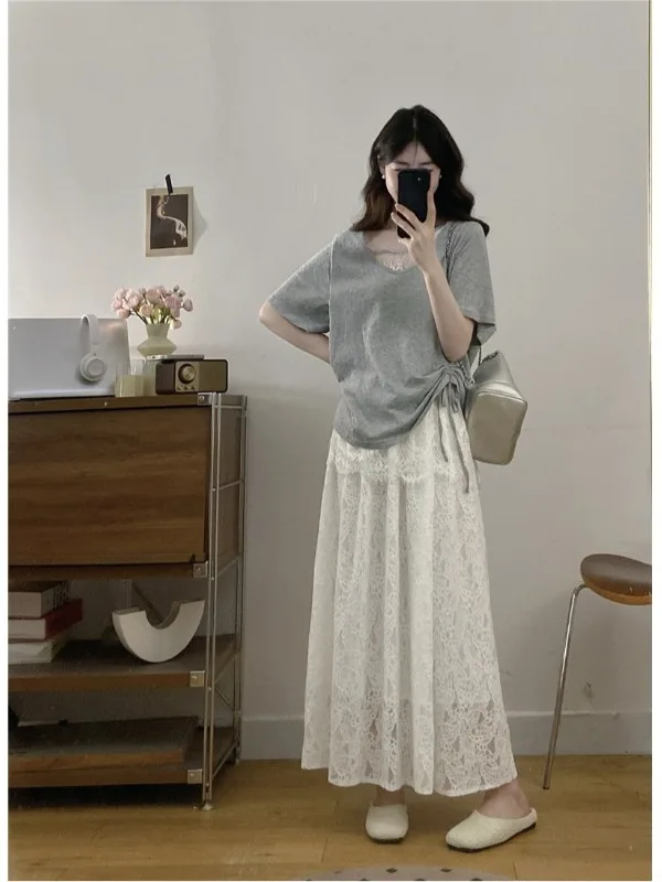 

plus Size Casual Lace Half-length Skirt Set Drawstring Short-sleeved Top Summer New Design Sense Two-piece Set Korean Style