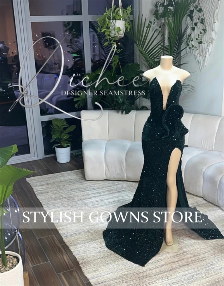 Emerald Deep V N Long Prom Dress Black Girls 2024 Black Girls Birthday Party Dresses Ruffles Slit Evening Gown Customized