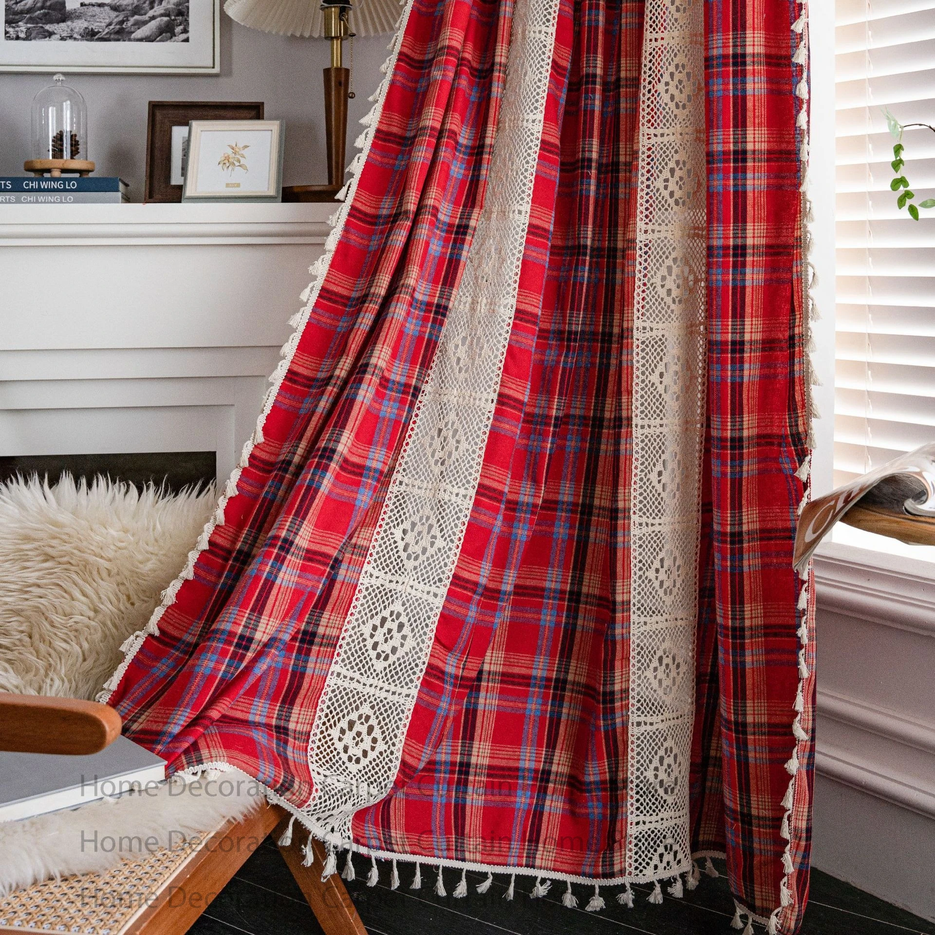 Green Red Checked Patchwork Yarn-dyed Tassel Curtains for Kitchen Bay Window Semi-blackout Decorative Curtain Article Customized