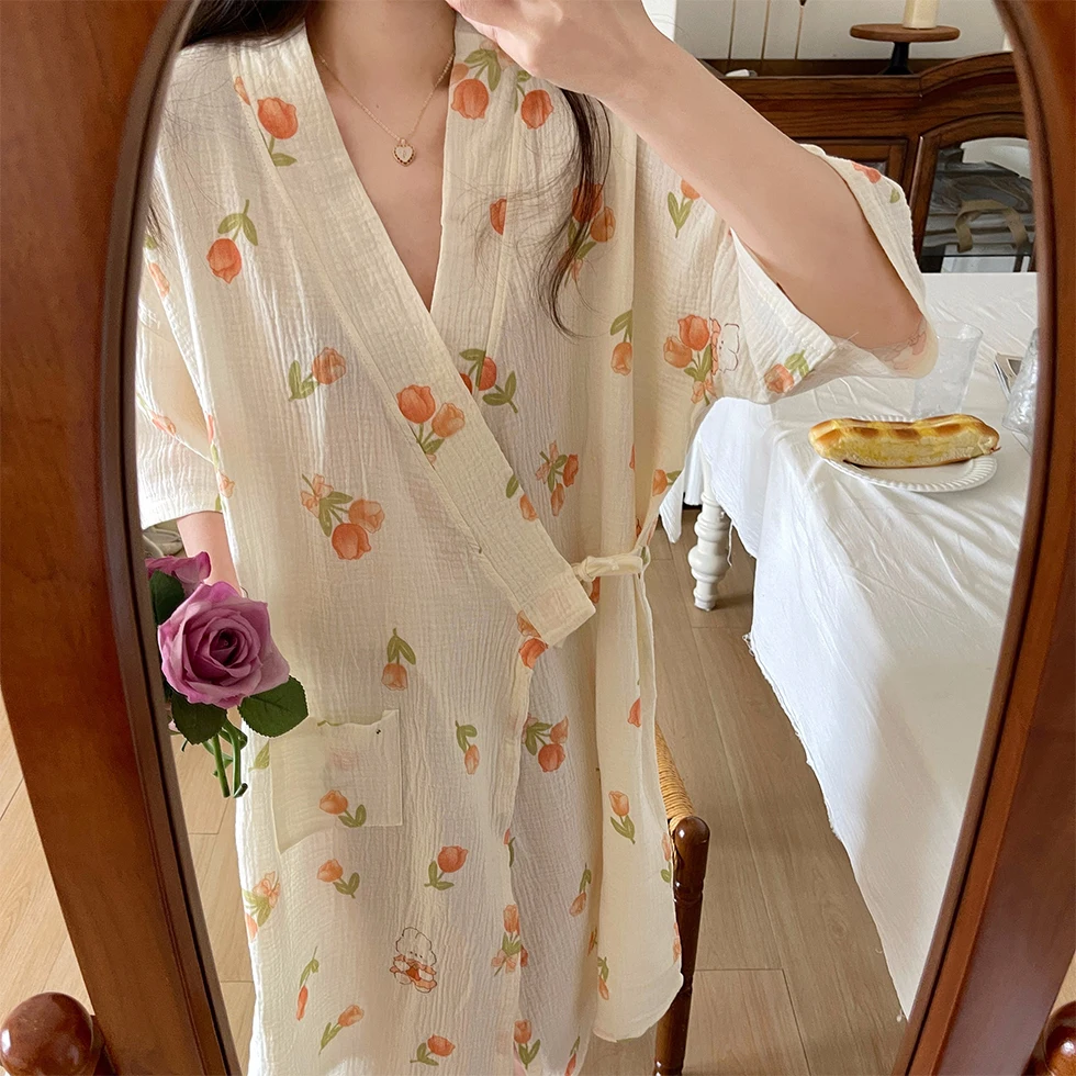 Summer Pure Cotton Gauze Nightdress Women Lace Floral Printed Nightgown Japanese Cotton Kimono Thin Bathrobe Pajamas Nightwear