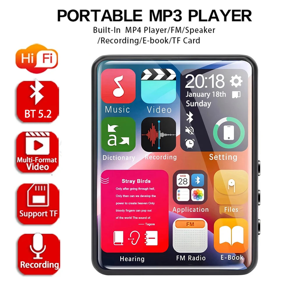 2,4-Zoll-Touchscreen-MP3-Player, tragbarer Multifunktions-Bluetooth-Musikplayer mit integriertem Lautsprecher, Radyo-Player mit Metallgehäuse