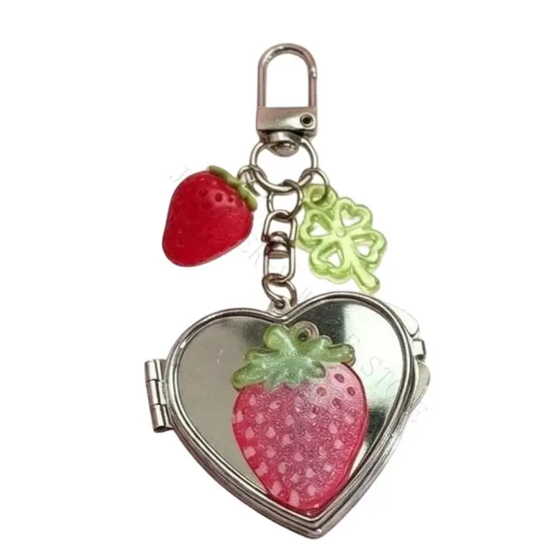 R7UF Strawberry Mirror Keychain Decoration with Built-In Folding Mirror, Decorative Heart and Clip Hardware for Keys or Bags