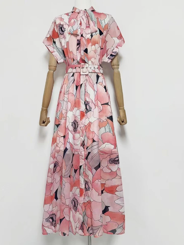 2025年夏新作 レディース ファッション 海辺リゾート風 プリントロングスカート 上品な蝶結びベルト付き ウエストマークAラインロングドレス